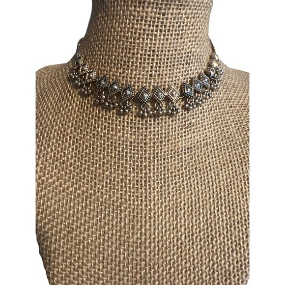 Freedom Gold Tone Choker Necklace Diamond Design Dangles Adj 11.5" + 3" - Picture 1 of 4